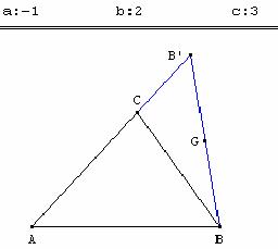calcul du barycentre de trois points avec un barycentre partiel - copyright Patrice Debart 2002