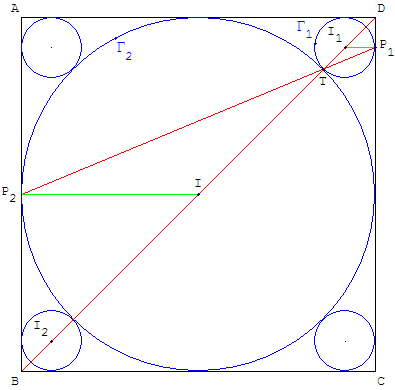 geometrie du cercle - 5 cercles tangents dans un carré - copyright Patrice Debart