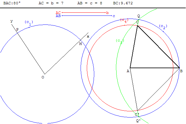 exercice produit scalaire - construire un triangle connaissant deux cotes et un angle - copyright Patrice Debart 2007