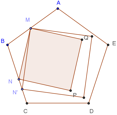 Carré ayant deux sommets consécutifs sur le pentagone- figure Geogebra - copyright Patrice Debart 2011