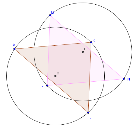 deux triangles inscrits dans deux cercles de rayon 1 - figure Geogebra - copyright Patrice Debart 2012