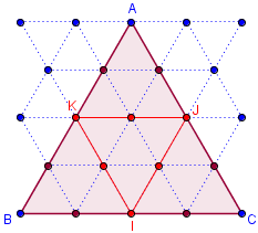 la planche à clous - triangle équilatéral dans un réseau triangulaire 5 × 5 - copyright Patrice Debart 2012