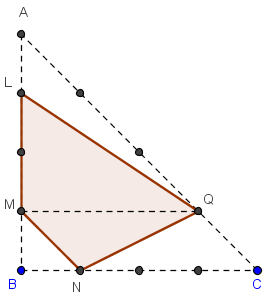 aire d'un quadrilatère inscrit dans un triangle du geoplan 5 × 5 - figure Geogebra - copyright Patrice Debart 2008