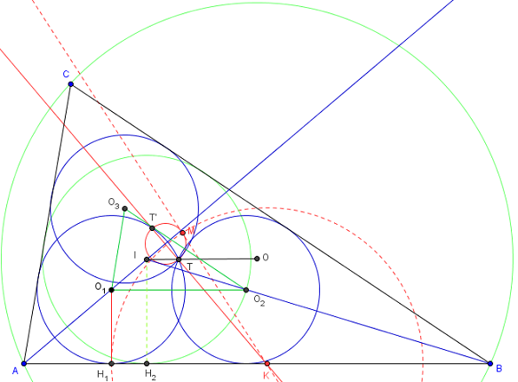 construction d'un triangle tangeant a 3 cercles de meme rayon concourants - copyright Patrice Debart 2011