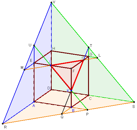 prolongement d'une section dtriangulaire e cube avec geogebra 3d - copyright Patrice Debart 2015