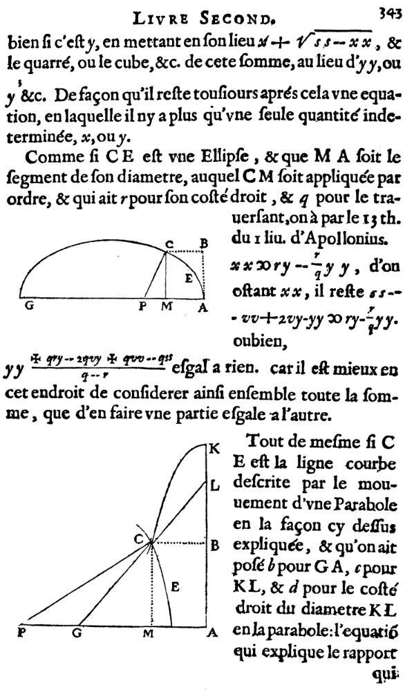 la geometrie de descartes - ed. 1637 - normale a l'ellipse - figure 16 - mouvement d'une parabole - figure 13 - page 343