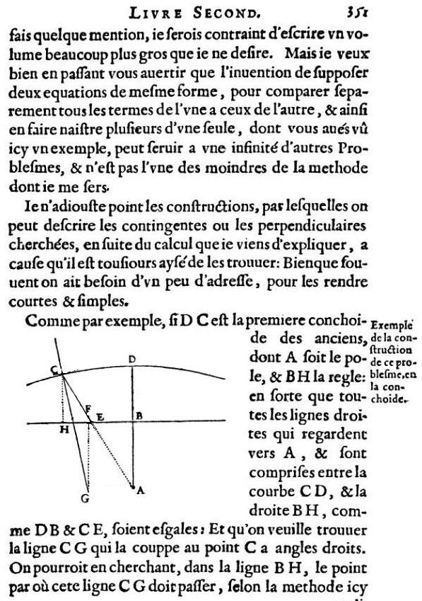 la geometrie de descartes - ed. 1637 - normale à la conchoïde - figure 17 - page 351