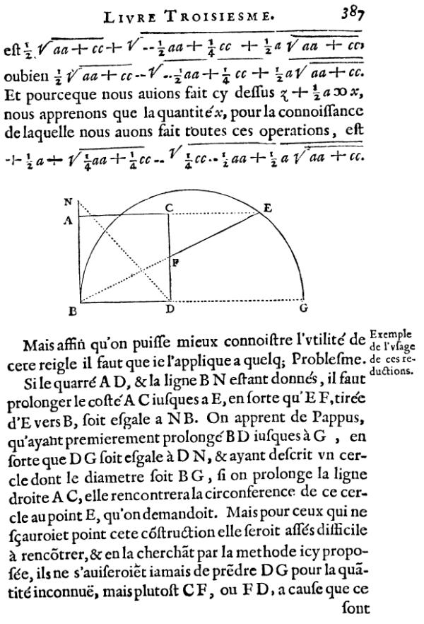 la geometrie de descartes - ed. 1637 - exemple de l'usage de ces reductions - figure 26 - page 387