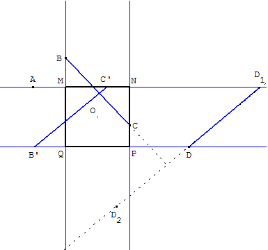 construction geometrique - carre dont les cotes passent par 4 points - copyright Patrice Debart 2003