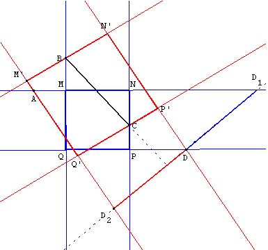 construction geometrique - carre dont les cotes passent par quatre points - copyright Patrice Debart 2003