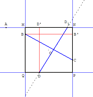 construction geometrique - carre dont les cotes passent par 4 points - copyright Patrice Debart 2003