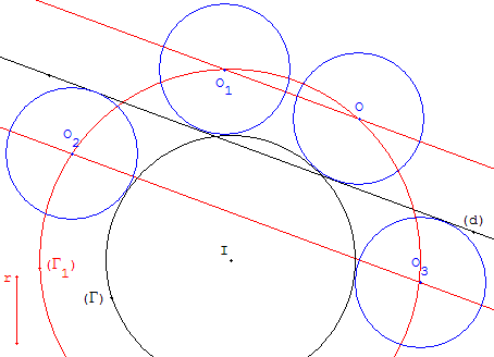 probleme de construction - 4 cercles de rayon donne tangents exterieurement a une droite et a un cercle - copyright Patrice Debart 2003