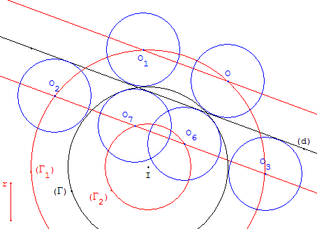 probleme de construction - 6 cercles de rayon donne tangents a une droite et a un cercle - copyright Patrice Debart 2003