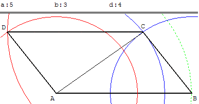 probleme de construction d'un parallelogramme connaissant les longueurs des cotes et de la diagonale - copyright Patrice Debart 2003