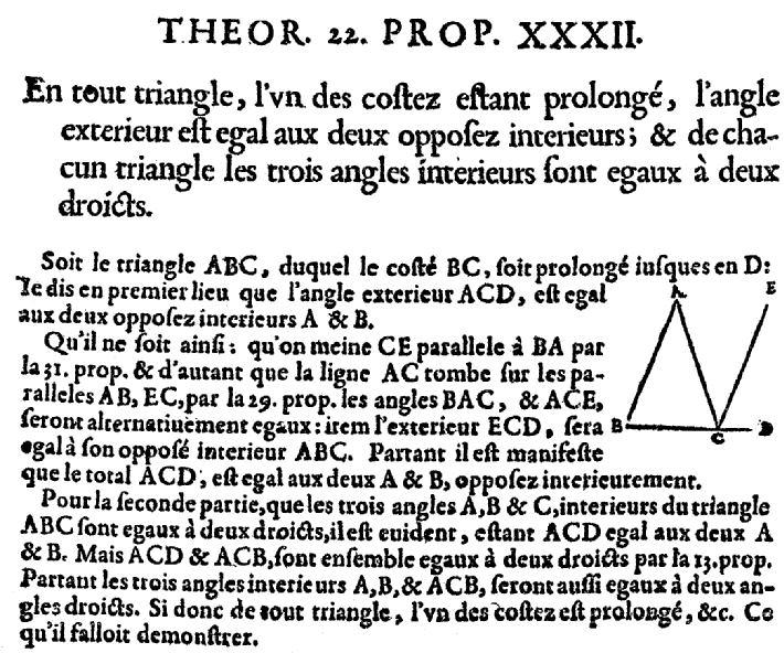 les éléments d'Euclide - Euclide, somme des angles d'un triangle - copyright Patrice Debart 2004