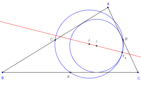 geometrie du triangle - le point de Feuerbach est sur la droite des centres - copyright Patrice Debart 2002