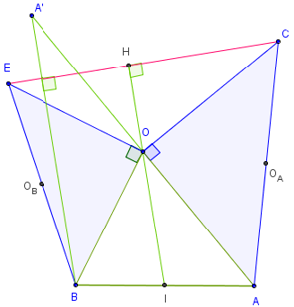 deux triangles isoceles autour de BOA - la mediane de l'un est la hauteur de l'autre - copyright Patrice Debart 2016