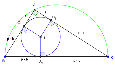 distances entre les sommets du triangle rectangle et les points de contact du cercle inscrit - figure Geogebra - copyright Patrice Debart 2008