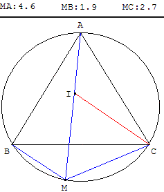 geometrie du triangle equilateral - relation metrique ma = mb + mc ; copyright Patrice Debart 2004