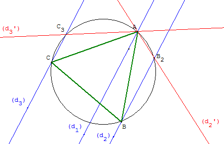 geometrie du triangle equilateral - probleme des 3 paralleles - copyright Patrice Debart 2004