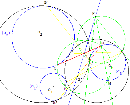 probleme de contact - 3 cercles tangents dans un cercle - copyright Patrice Debart 2006