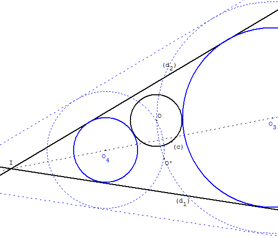 probleme de contact - cercle tangent a 2 droites et a un cercle - copyright Patrice Debart 2006