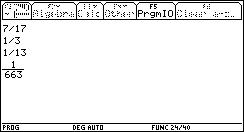 ecran calculatrice TI-92 - décomposition de 7/17 en fraction égyptienne